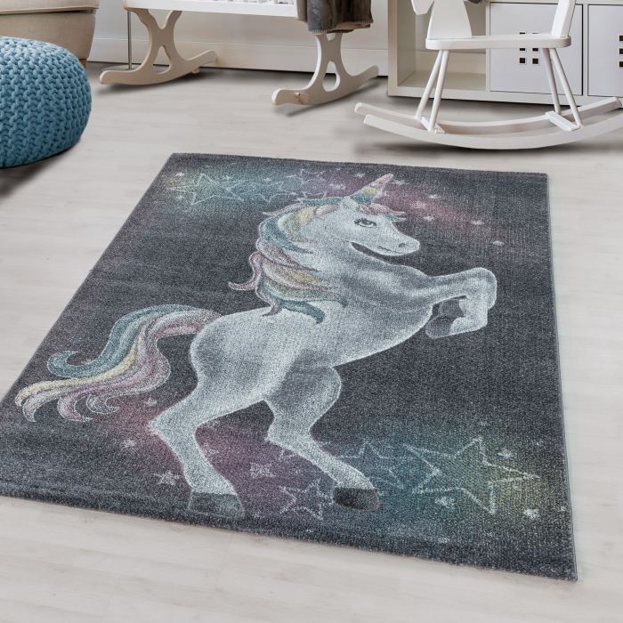 Funny Eenhoorn baby kinderkamer vloerkleed laagpolig rechthoek 140x200cm grijs
