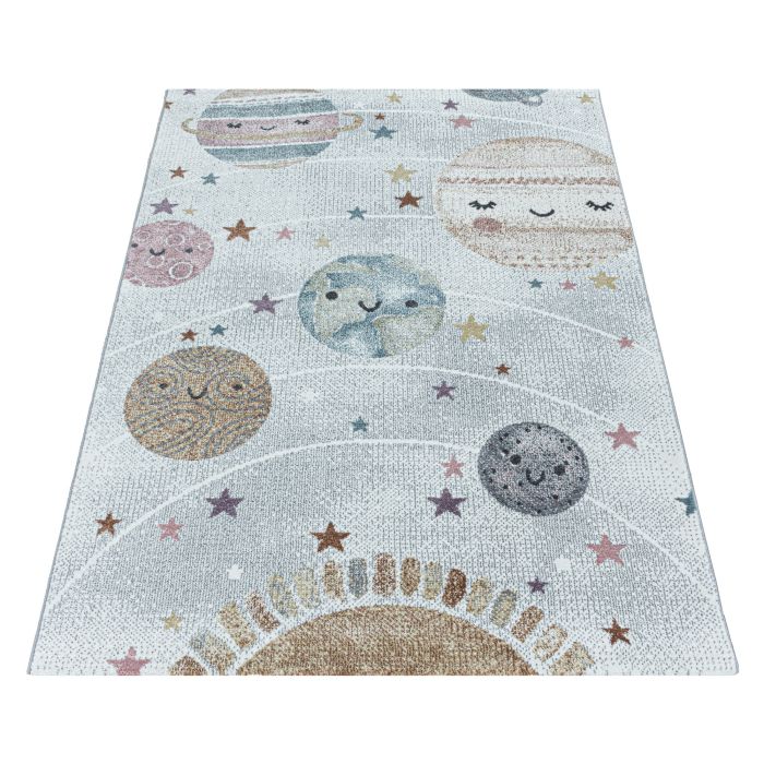 Funny Planeet baby kinderkamer vloerkleed laagpolig rechthoek 140x200cm wit