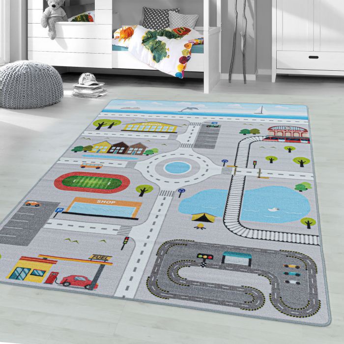 Play Verkeer antislip kinderkamer speelkleed lussenpolig rechthoek 160x230cm grijs