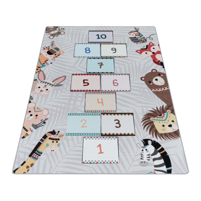 Play Hinkelen met Dieren antislip kinderkamer speelkleed lussenpolig rechthoek 120x170cm grijs