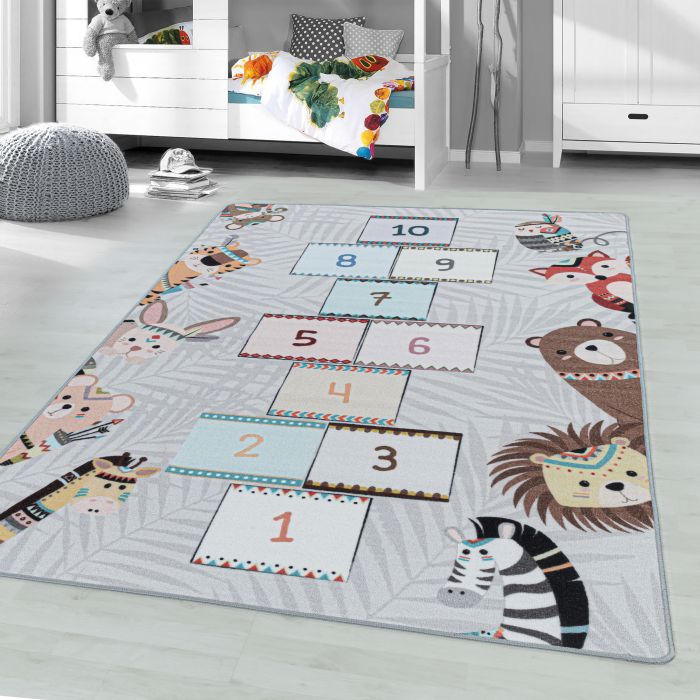 Play Hinkelen met Dieren antislip kinderkamer speelkleed lussenpolig rechthoek 120x170cm grijs
