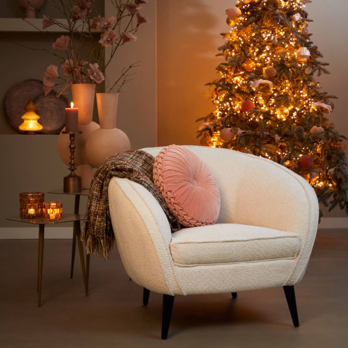ALMOND fauteuil bouclé (lus) 91x71x77cm crème met houten zwart poten