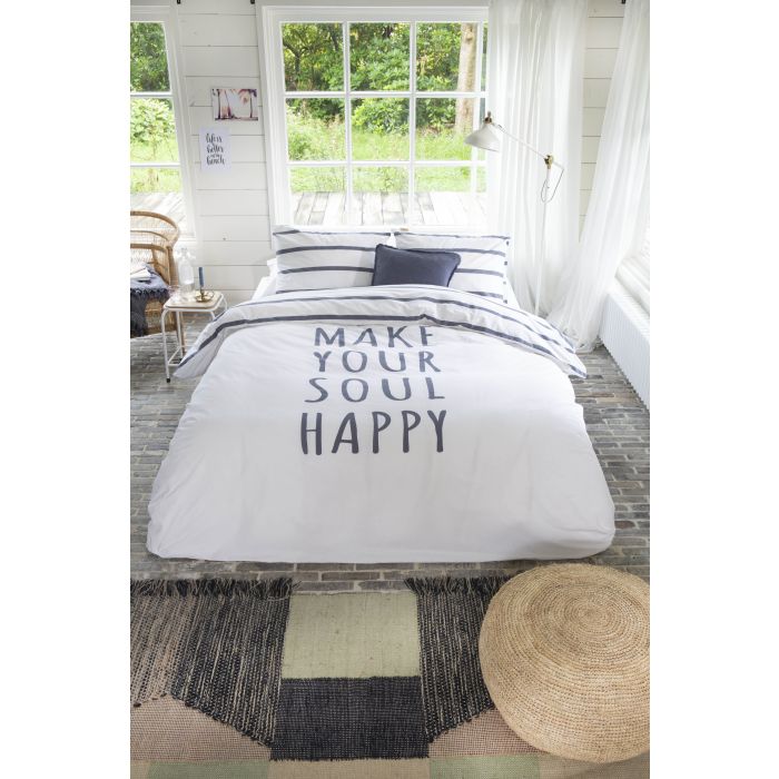 Happy Wake Up dekbedovertrek 155x220cm wit/blauw