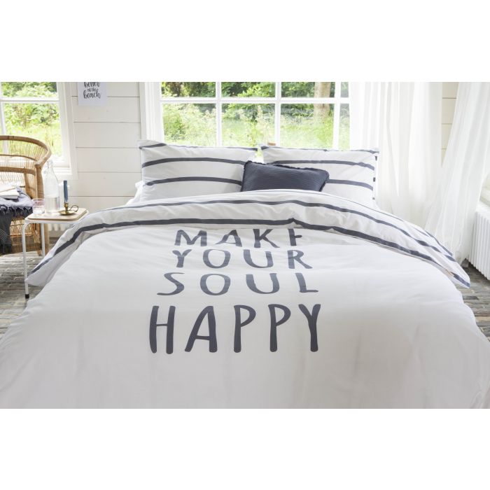 Happy Wake Up dekbedovertrek 155x220cm wit/blauw
