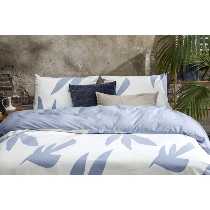 Simple Leaves dekbedovertrek 140x220cm gebroken wit/jeans blauw