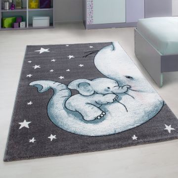 Kids Olifant kinderkamer vloerkleed laagpolig rechthoek 120x170cm blauw