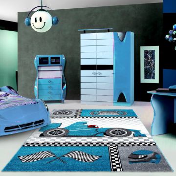 Kids Raceauto kinderkamer vloerkleed laagpolig rechthoek 80x150cm blauw