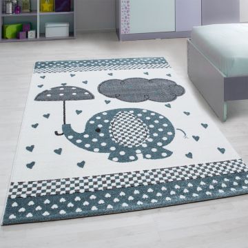 Kids Baby Olifant kinderkamer vloerkleed laagpolig rechthoek 160x230cm blauw