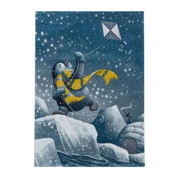 Funny Pinguïn baby kinderkamer vloerkleed laagpolig rechthoek 200x290cm blauw
