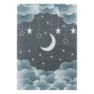 Funny Maan en Ster baby kinderkamer vloerkleed laagpolig rechthoek 200x290cm blauw