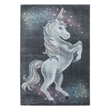 Funny Eenhoorn baby kinderkamer vloerkleed laagpolig rechthoek 200x290cm grijs