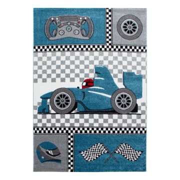 Kids Raceauto kinderkamer vloerkleed laagpolig rechthoek 200x290cm blauw