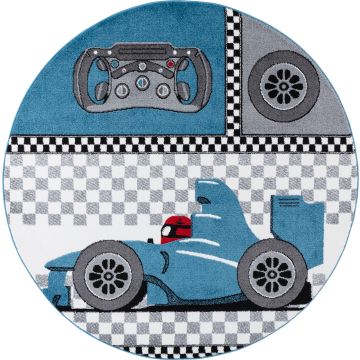 Kids Raceauto kinderkamer vloerkleed laagpolig rond Ø 160cm blauw