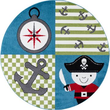 Kids Piraat kinderkamer vloerkleed laagpolig rond Ø 160cm multikleur