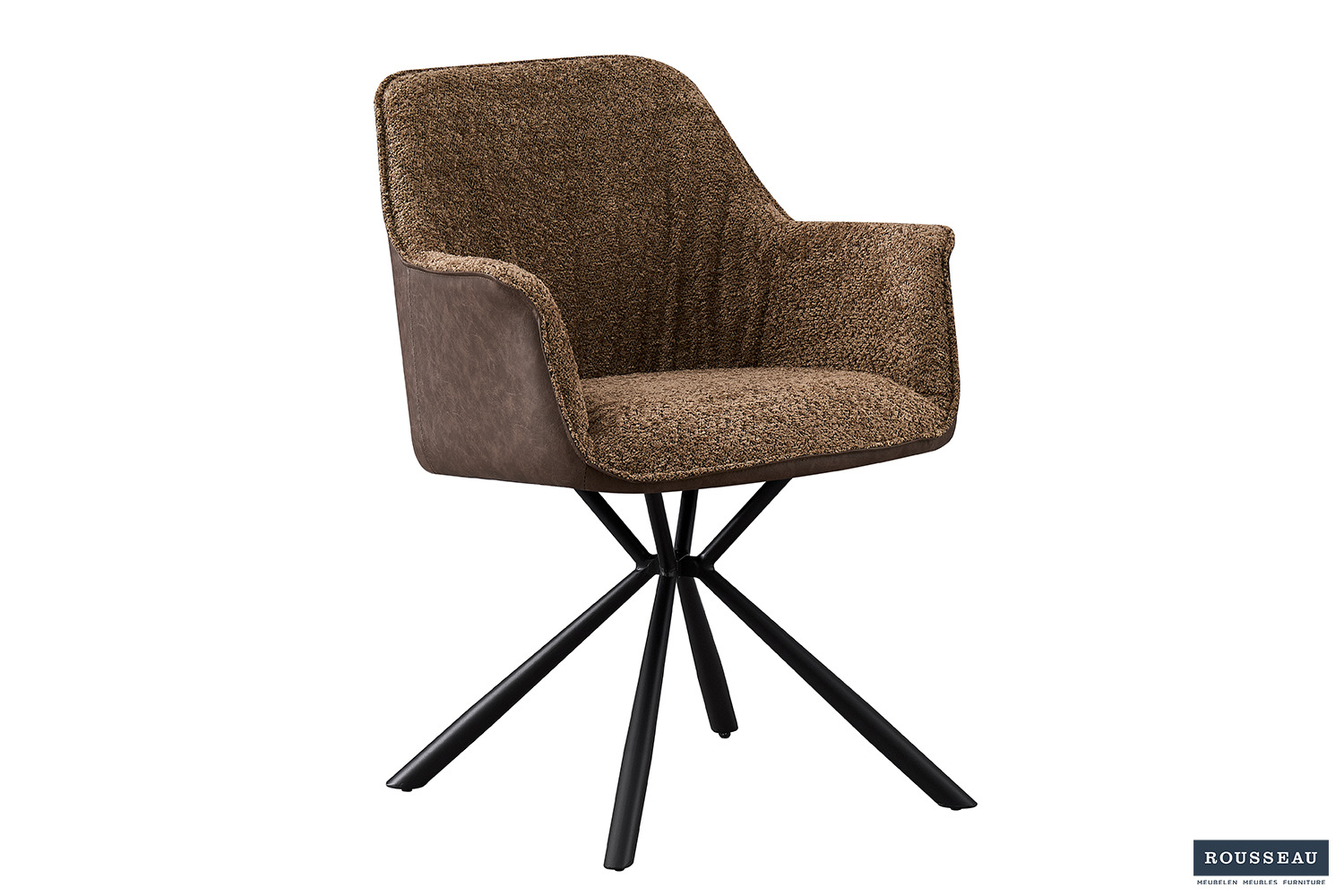 Luno Eetkamerstoel met Armleuning – Bouclé – Zand Kunstleer Rug – Bruin