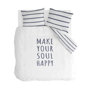 Happy Wake Up dekbedovertrek 200x200cm wit/blauw