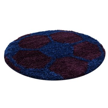 Fun Shaggy voetbal kinderkamer vloerkleed hoogpolig rond Ø 100cm navy blauw