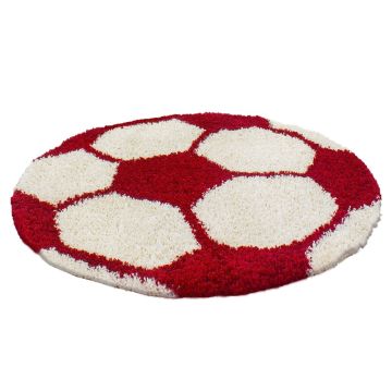 Fun Shaggy voetbal kinderkamer vloerkleed hoogpolig rond Ø 100cm rood