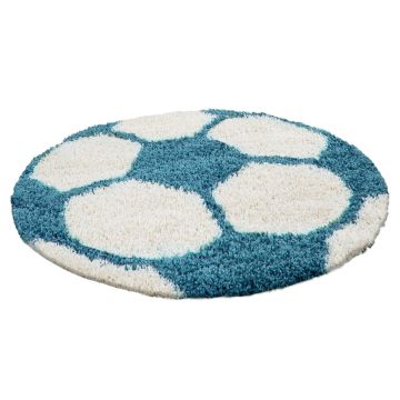 Fun Shaggy voetbal kinderkamer vloerkleed hoogpolig rond Ø 100cm turquoise