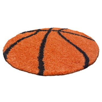 Fun Shaggy basketbal kinderkamer vloerkleed hoogpolig rond Ø 100cm oranje