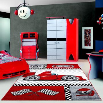 Kids Raceauto kinderkamer vloerkleed laagpolig rechthoek 120x170cm rood