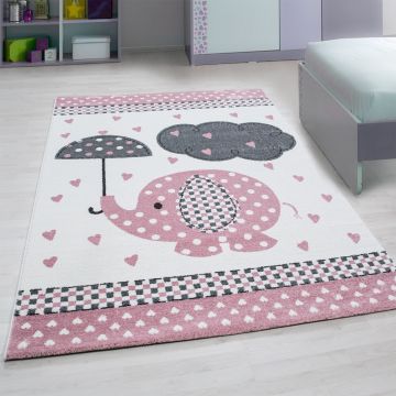 Kids Baby Olifant kinderkamer vloerkleed laagpolig rechthoek 120x170cm roze