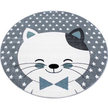 Kids Kitten kinderkamer vloerkleed laagpolig rond Ø 160cm blauw