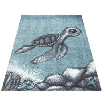 Bambi Schildpad kinderkamer vloerkleed laagpolig rechthoek 80x150cm blauw