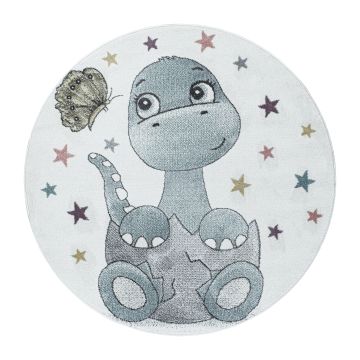 Funny Dino baby kinderkamer vloerkleed laagpolig rond Ø 120cm blauw