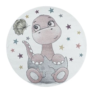 Funny Dino baby kinderkamer vloerkleed laagpolig rond Ø 120cm roze