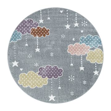 Lucky Wolken baby kinderkamer vloerkleed laagpolig rond Ø 120cm grijs