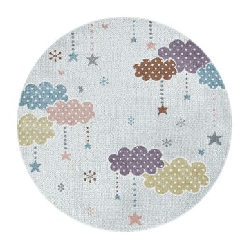 Lucky Wolken baby kinderkamer vloerkleed laagpolig rond Ø 120cm wit