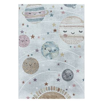 Funny Planeet baby kinderkamer vloerkleed laagpolig rechthoek 140x200cm wit