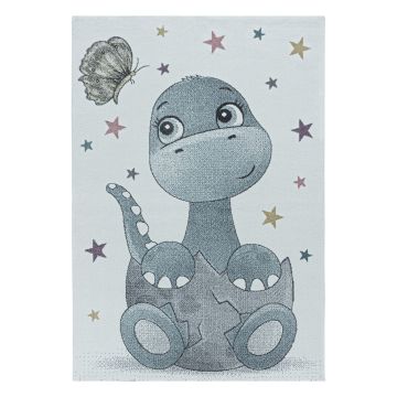Funny Dino baby kinderkamer vloerkleed laagpolig rechthoek 140x200cm blauw
