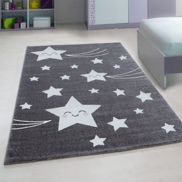Kids Sterren kinderkamer vloerkleed laagpolig rechthoek 160x230cm grijs