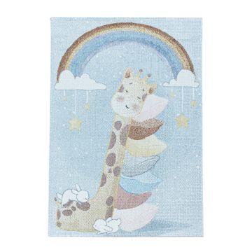 Lucky Giraffe baby kinderkamer vloerkleed laagpolig rechthoek 140x200cm blauw